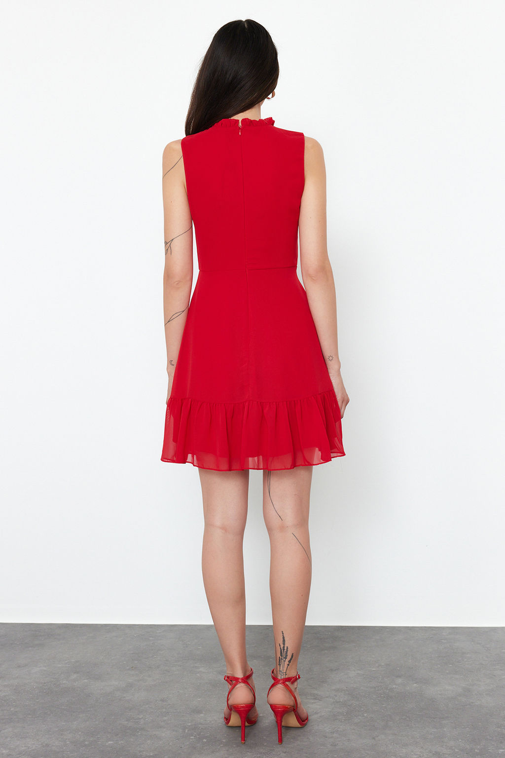 K?rm?z? A Kesim F?rf?rl? Astarl? Mini Dokuma Elbise TWOSS20EL0237
