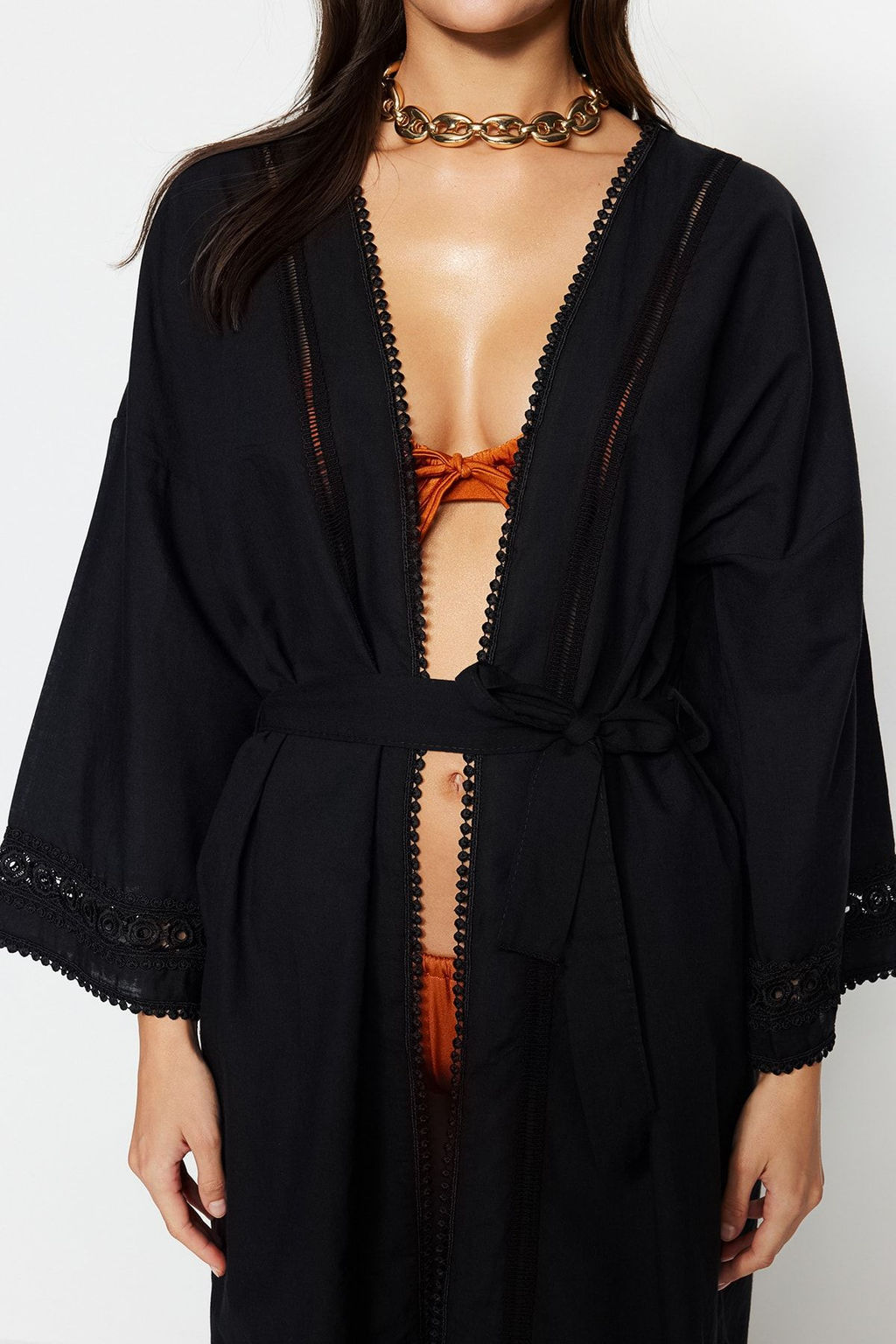 Ekru Kusakl? Dokuma Serit Aksesuarl? Midi Plaj Kimono&Kaftan TBESS21KM0008 - Trendyolmilla фото 12