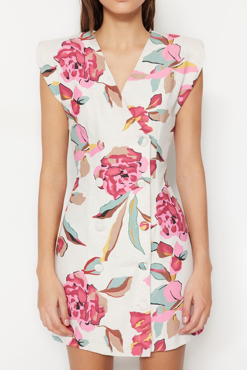 Beyaz Cicek Desenli Dugmeli Keten Gorunumlu Mini Dokuma Ceket Elbise TWOSS23EL01874 - Trendyolmilla фото 2