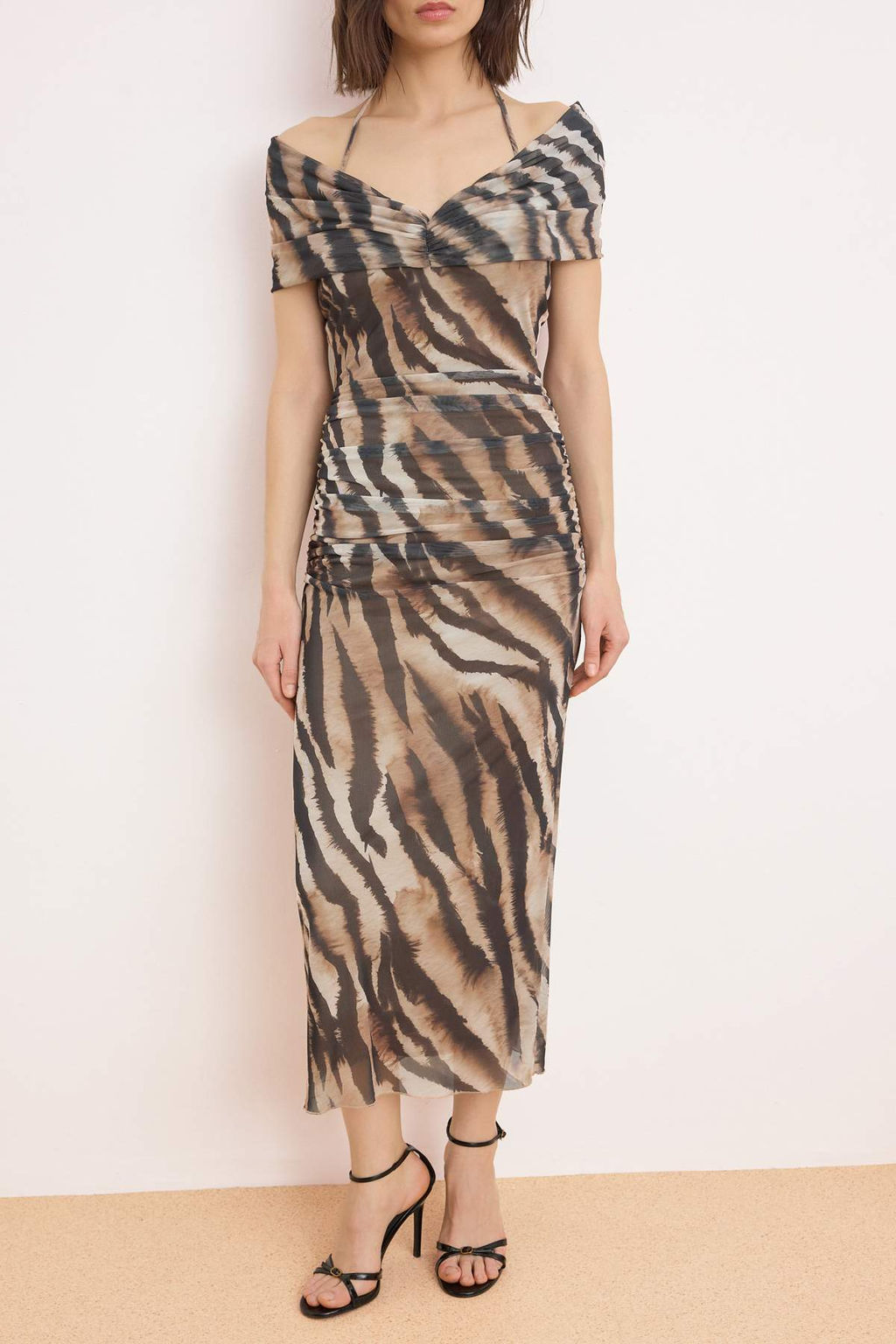 Renkli Zebra Desenli Duz Buzgu / Drape Orme Tul Midi Astarl? Party Elbise