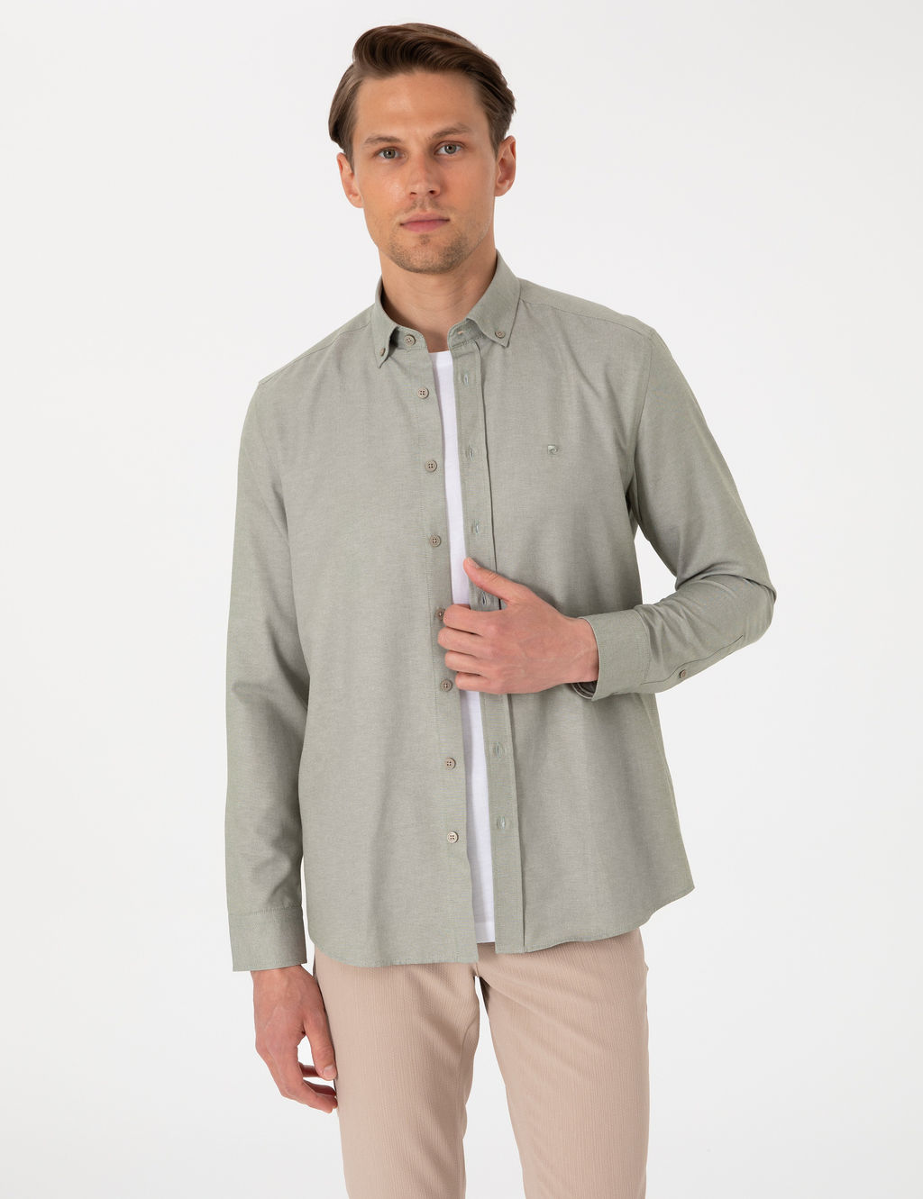 Haki Oxford Slim Fit Kolay _t_lenebilir G_mlek
