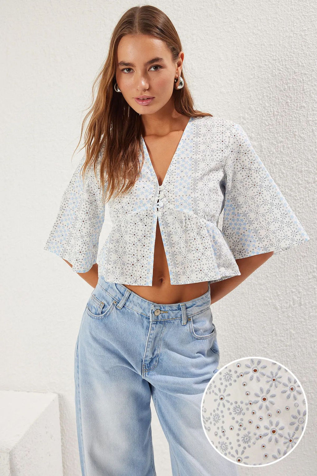 Mavi Puf Bask? Teknikli Onden Baglamal? Dokuma Etek Ucu F?rf?rl? Dokuma Gomlek TWOSS25GO00086