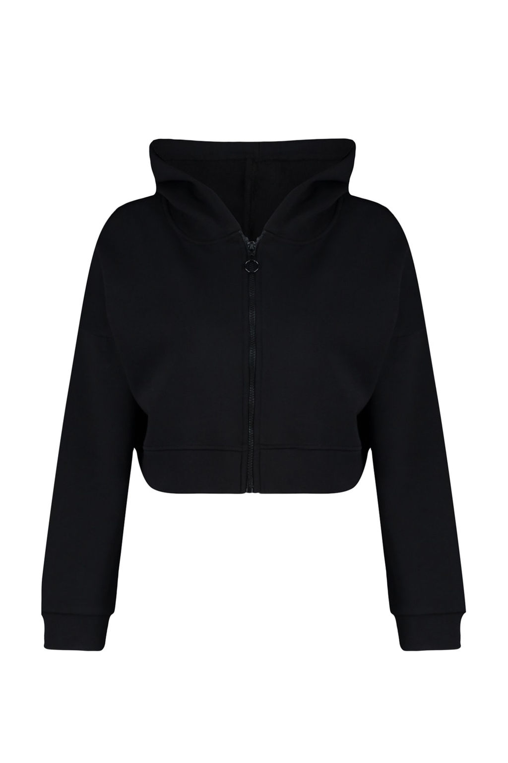 Siyah Basic Fermuarl? Kapusonlu Crop Kal?n Ici Polarl? Orme Sweatshirt TWOAW20SW0660