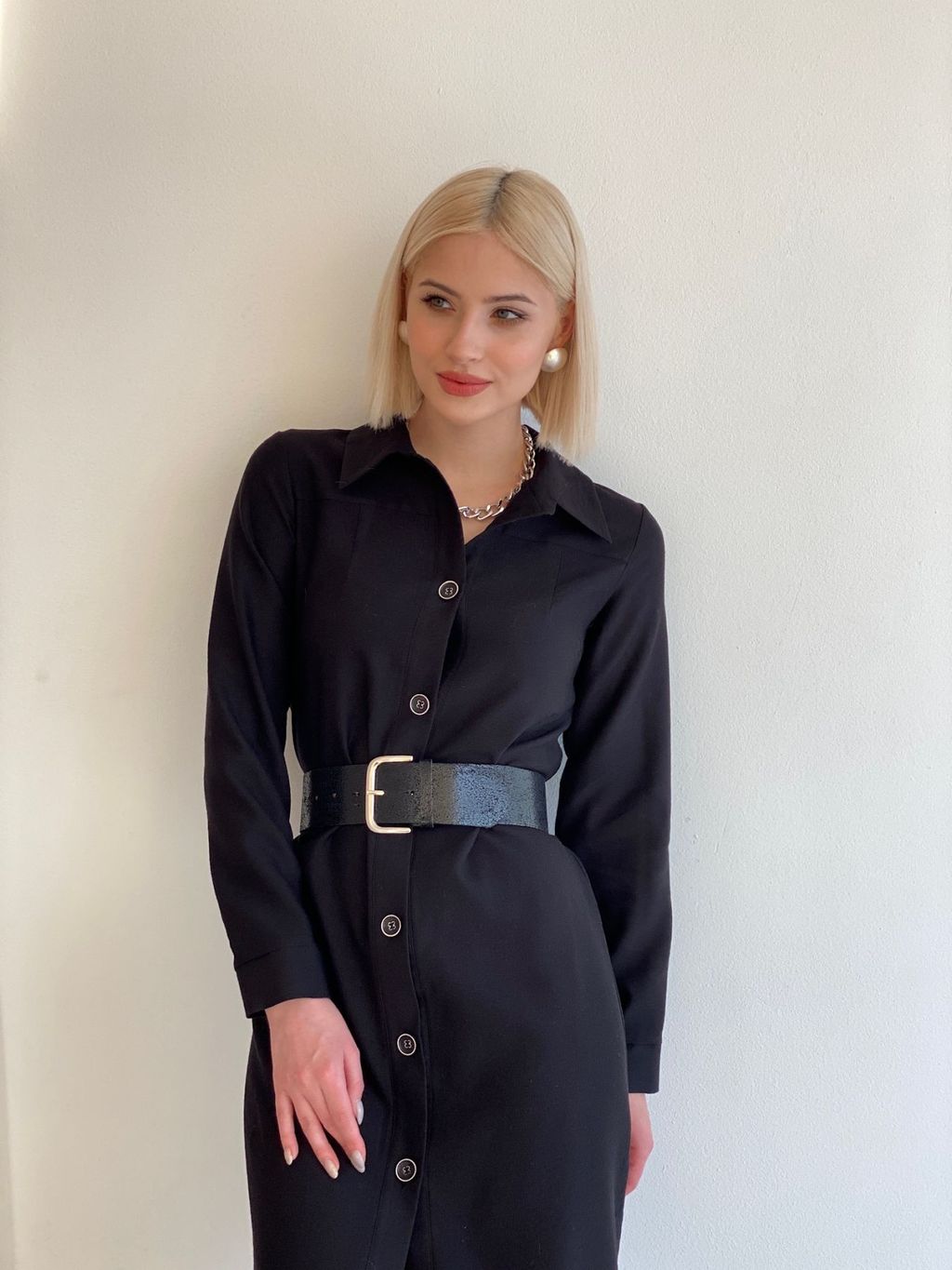 5754 Платье-рубашка из микровельвета чёрное - Martichelli фото 9