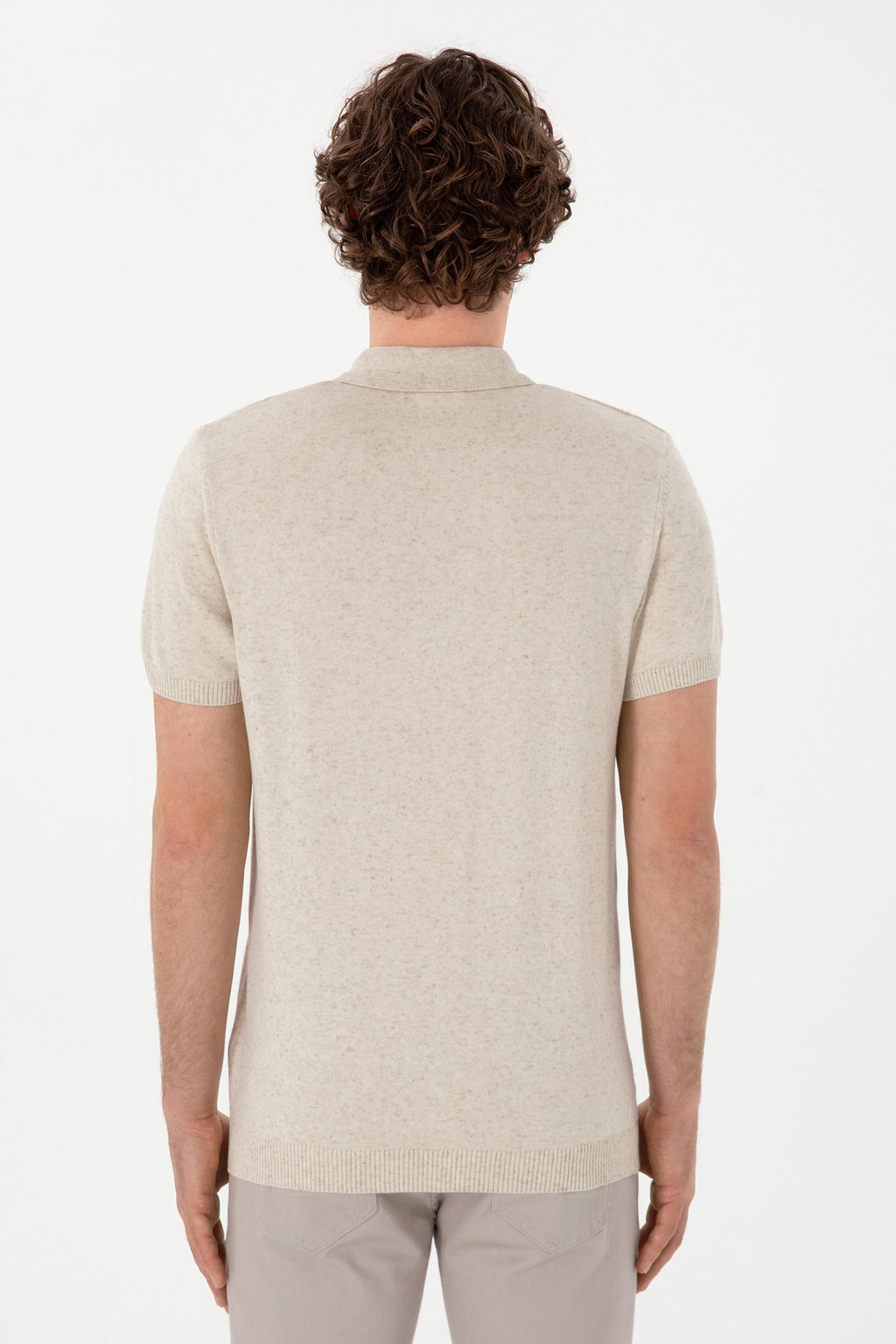 Erkek Slim Fit Polo Yaka Krem Triko Ti__rt