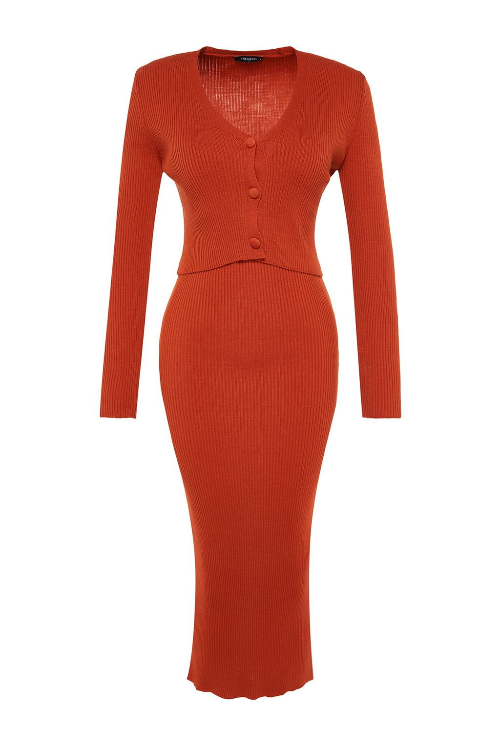 TRENDYOLMILLA Pembe Vucuda Oturan Midi Triko H?rka Elbise Tak?m TWOSS21EL0208 фото 27