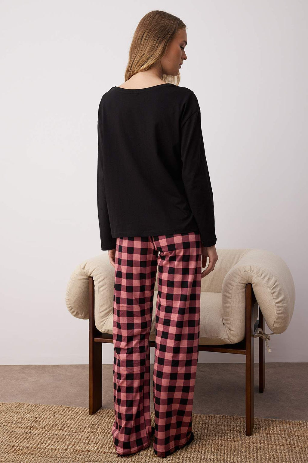 Siyah %100 Pamuklu Ay?c?kl? Ekoseli Orme Pijama Tak?m? THMAW25PT00088