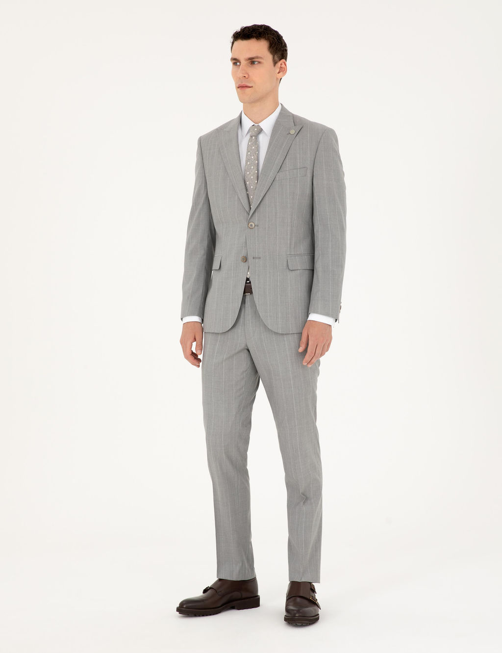 Gri Slim Fit _izgili Y_n Tak_m Elbise