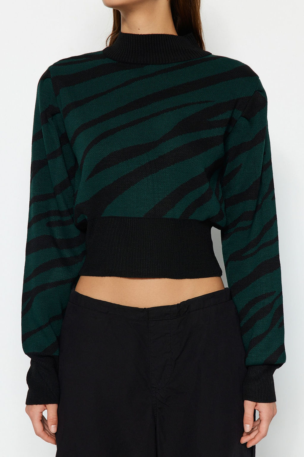 Zumrut Yesili Zebra Desenli Crop Triko Kazak TWOAW21KZ0010 - Trendyolmilla фото 4