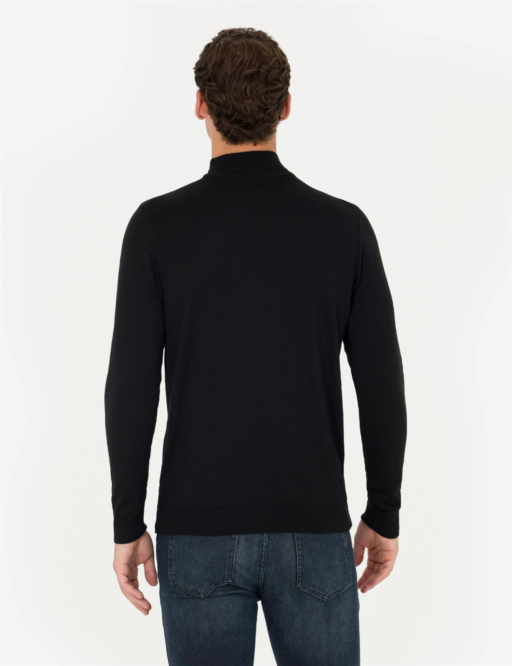 Siyah Slim Fit Yar_m Bal_k__ Yaka Basic Triko Kazak