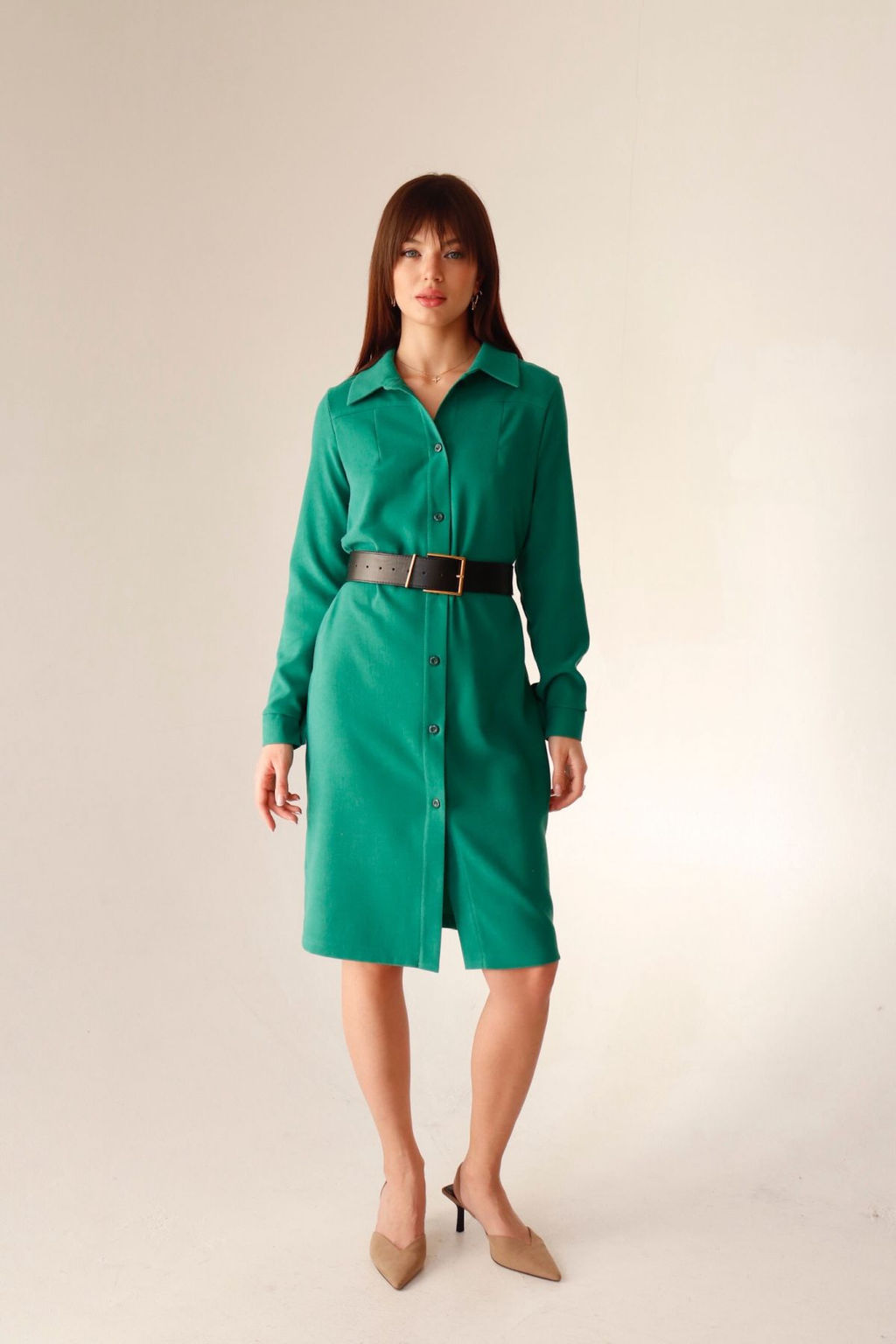 Платье-рубашка из микровельвета зелёное - Martichelli фото 2