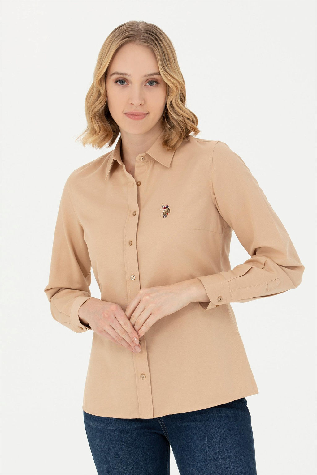 Женская базовая рубашка песочного цвета с длинным рукавом - U.s. polo assn фото 3