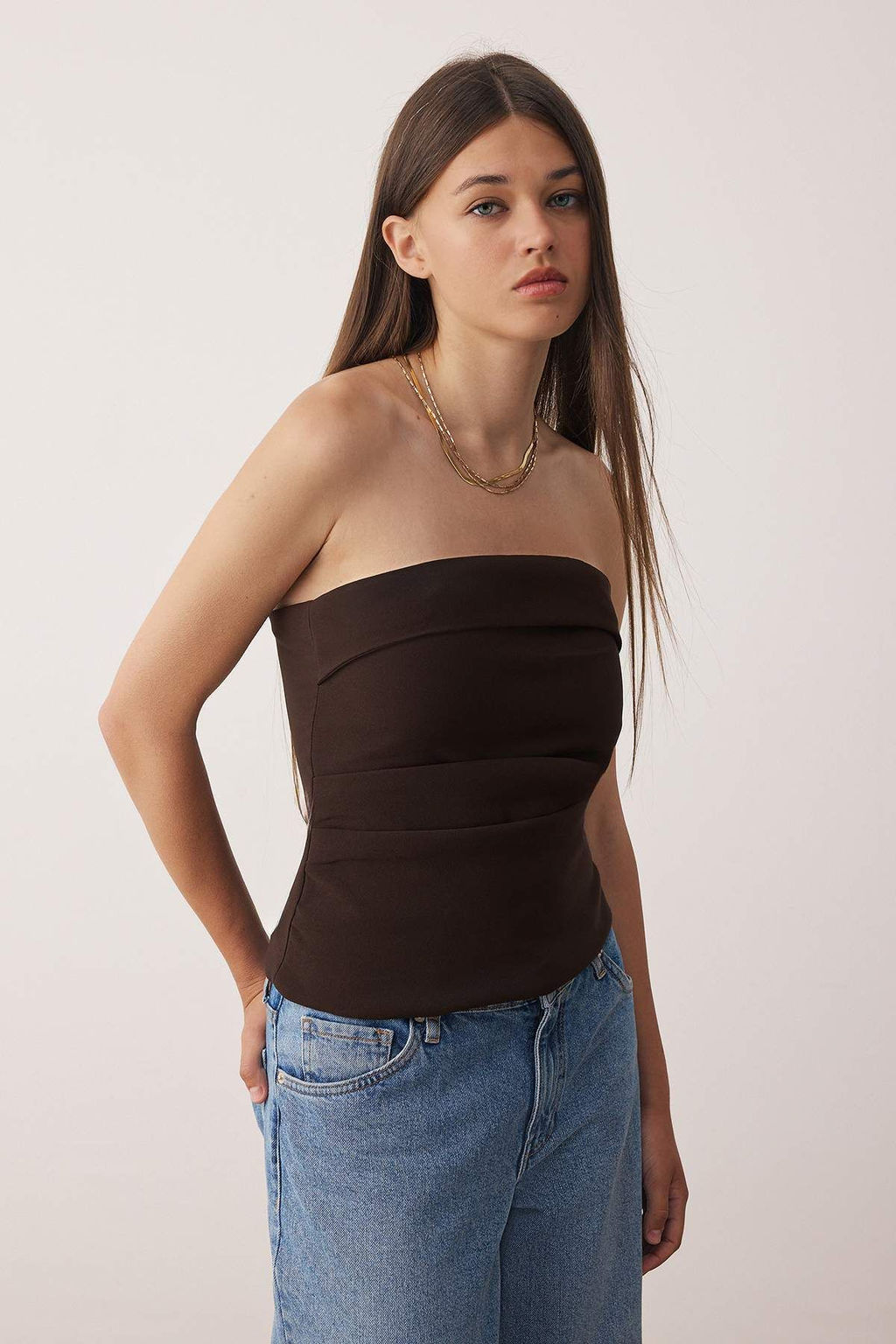 Kahverengi Straplez Fitted Drapeli Dokuma Bluz TWOSS24BZ00348