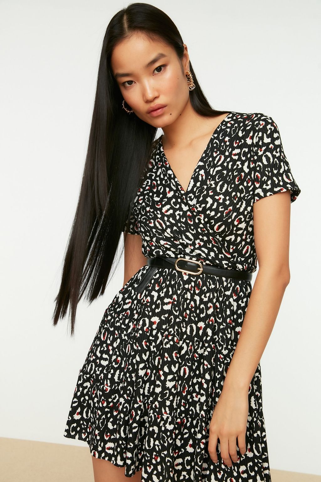 Yesil Bask?l? Kruvaze Yaka Mini Esnek Orme Elbise TWOSS21EL0241 - Trendyolmilla фото 6