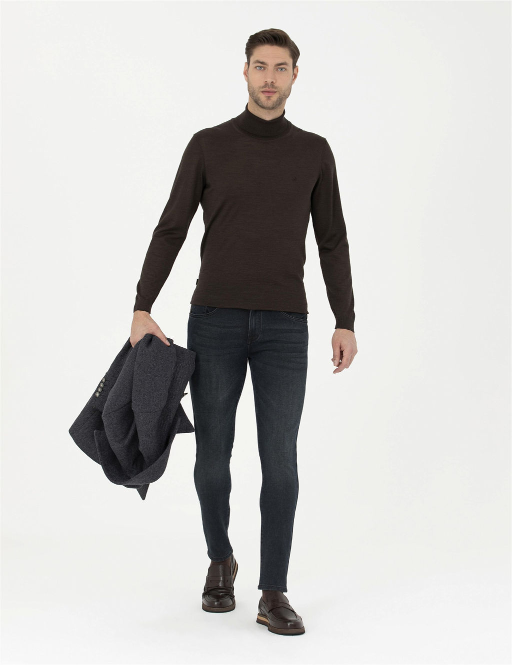 Kahverengi Slim Fit Bal_k__ Yaka Y_n Kar___ml_ Basic Triko Kazak - Pierre cardin фото 4