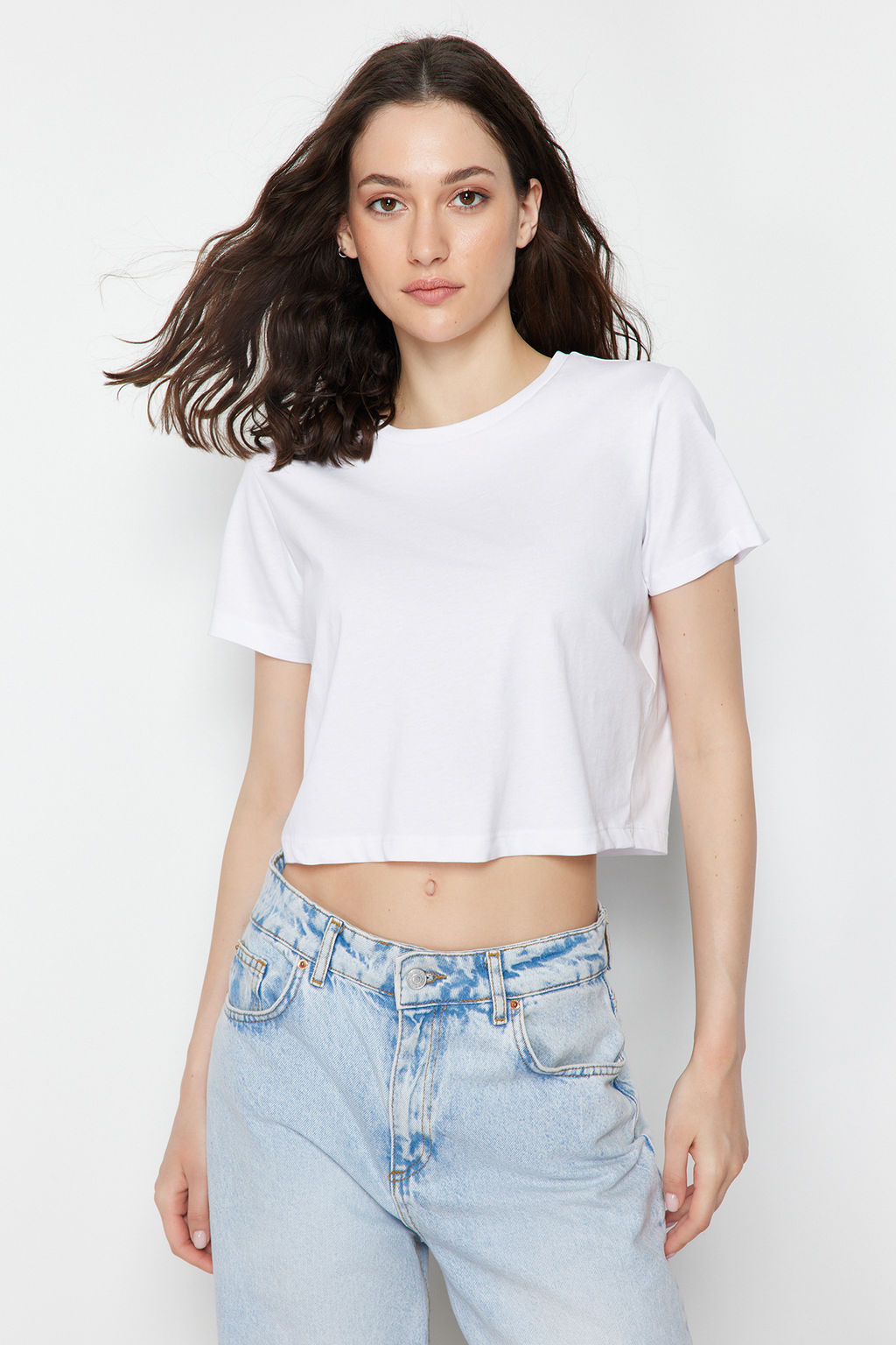 Beyaz-Gri 2li Paket %100 Pamuk Crop Bisiklet Yaka Orme T-Shirt TWOSS20TS1480