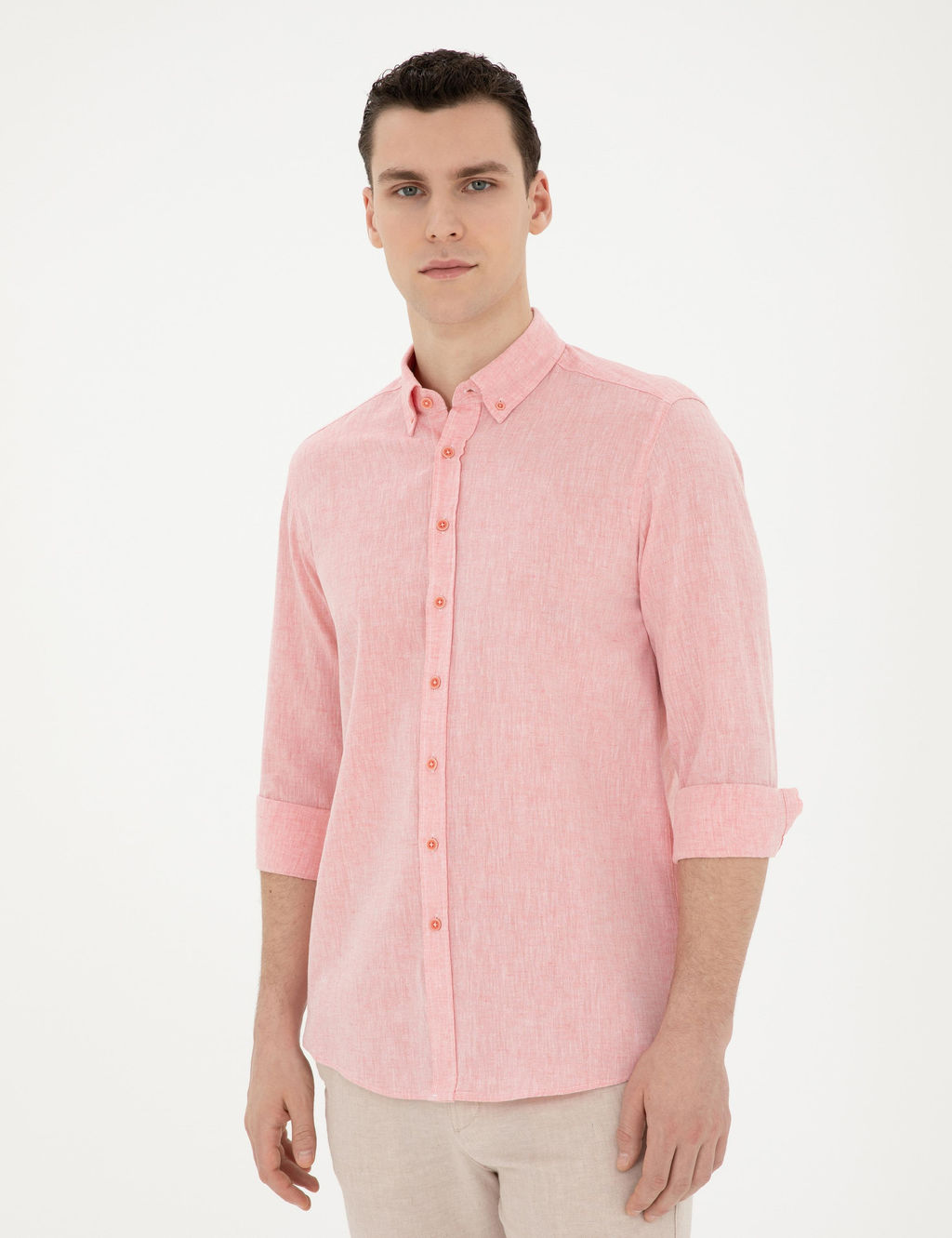 Рубашка Pierre Cardin Regular Fit розовая с примесью льна