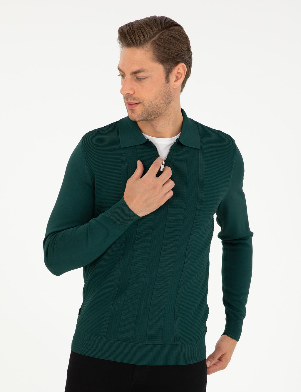 Ye_il Regular Fit Fermuarl_ Polo Yaka Triko Kazak