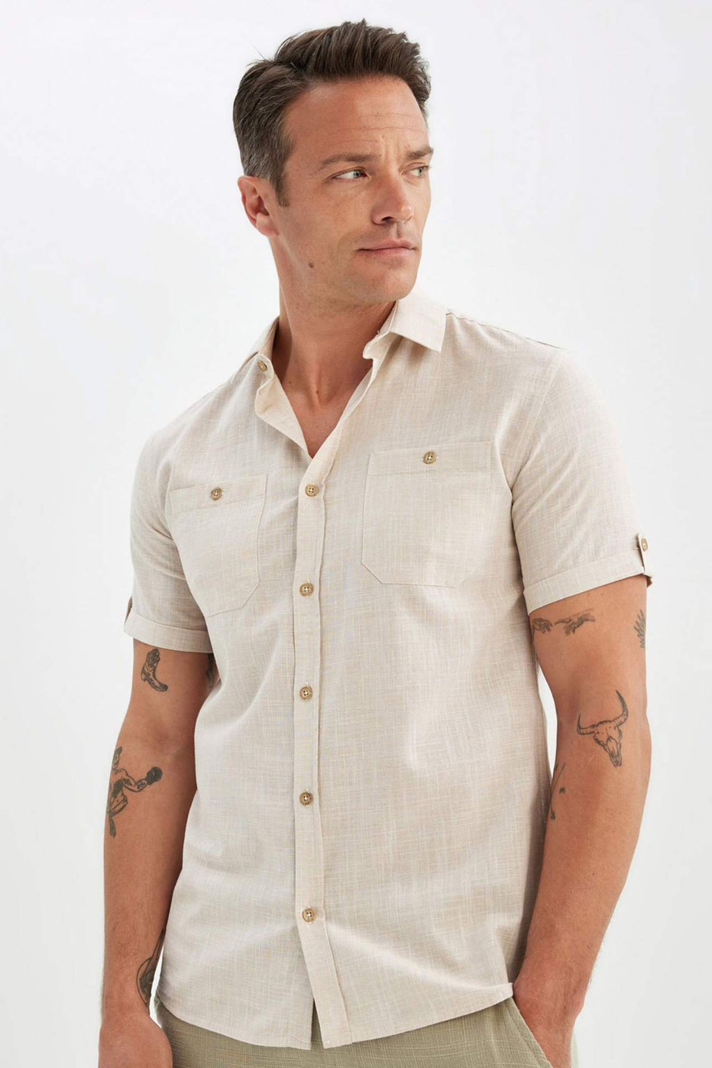 Slim Fit Dar Kesim Polo Yaka Keten Gorunumlu K?sa Kollu Gomlek - Defacto фото 3