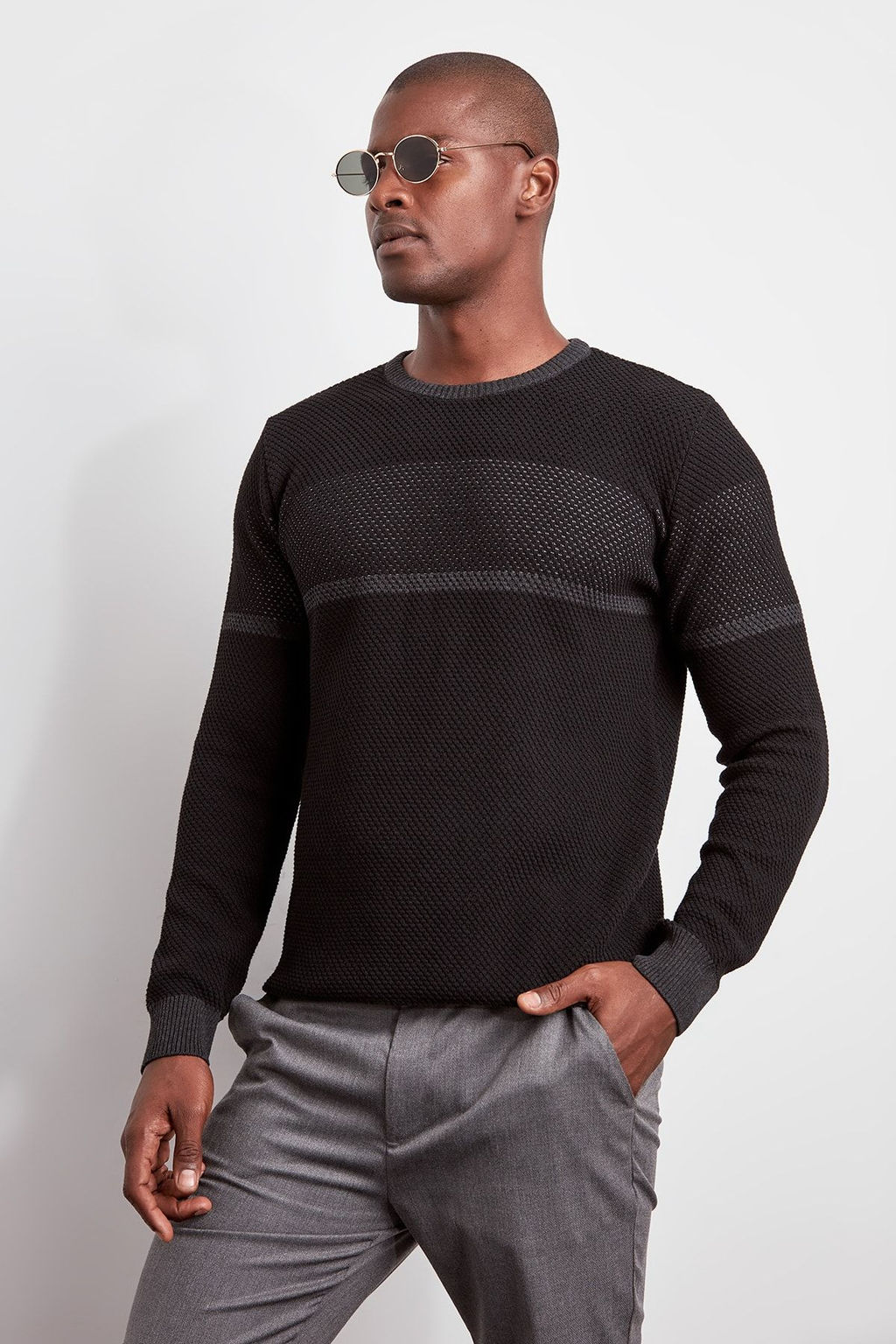 Siyah Slim Dar Kesim Bisiklet Yaka Renk Bloklu Triko Kazak TMNAW20LS0036