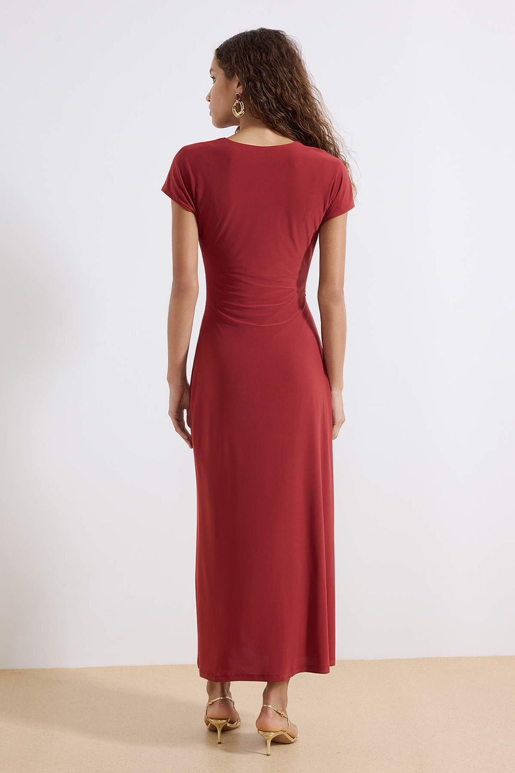 Kiremit A-Kesim/Can Form Degaje Yaka Aksesuar Detayl? Maxi Esnek Orme Elbise TWOSS26EL00106