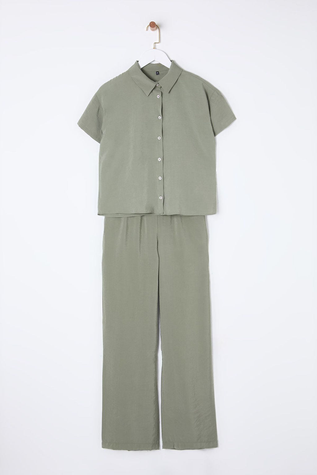 Haki Modal Yumusak Tuseli K?sa Kollu Gomlek Genis Paca Pantolon Dokuma Alt-Ust Tak?m TWOSS25AU00026 - Trendyolmilla фото 7