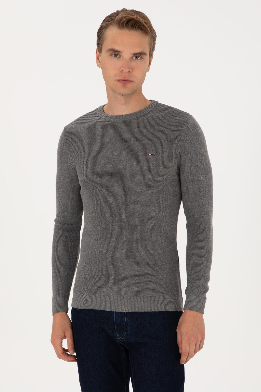 Erkek Slim Fit Bisiklet Yaka Gri Melanj Basic Kazak
