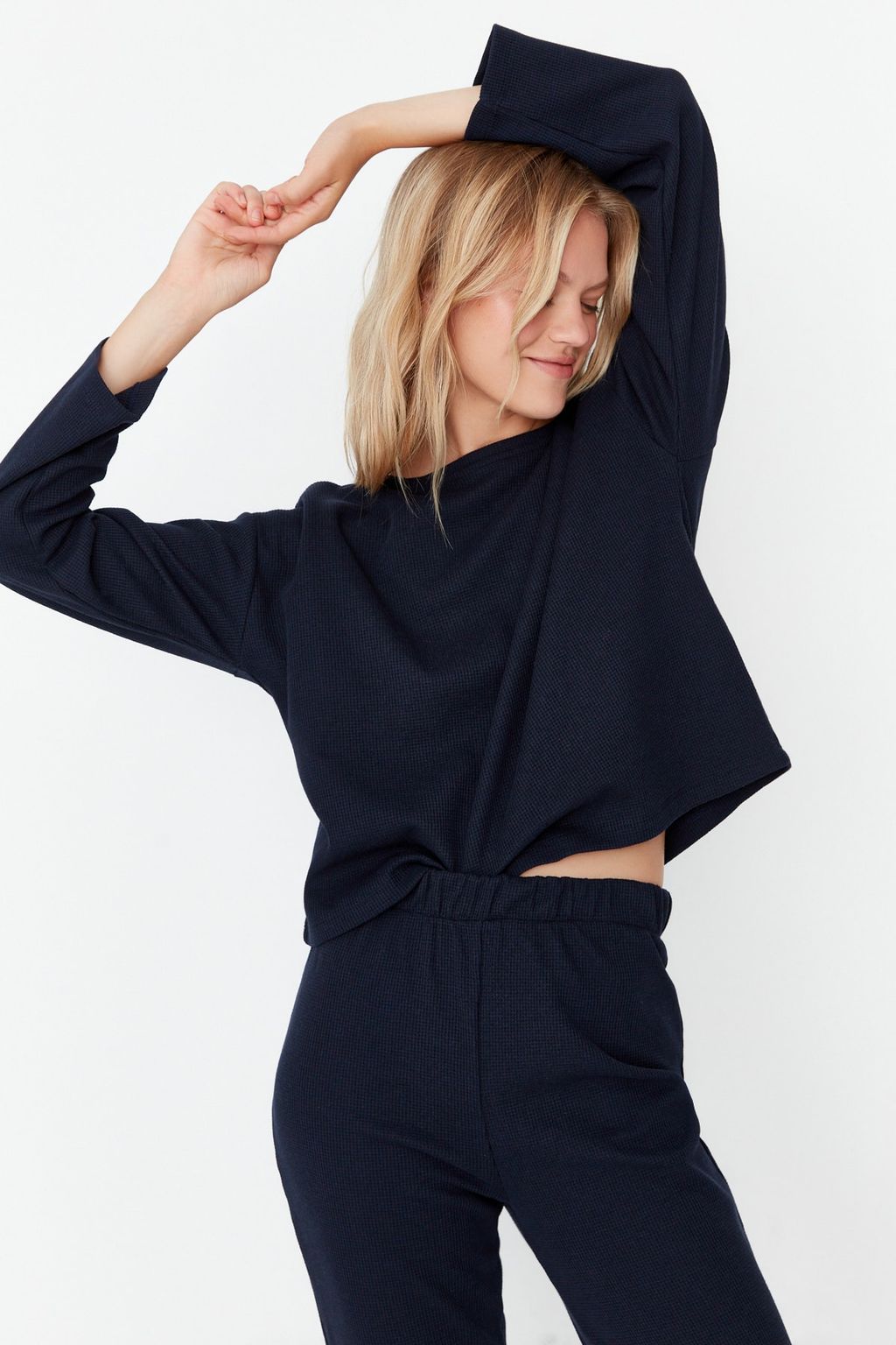 Trendyolmilla Lacivert Waffle Kumas Orme Pijama Tak?m? THMAW23PT00021  фото 4