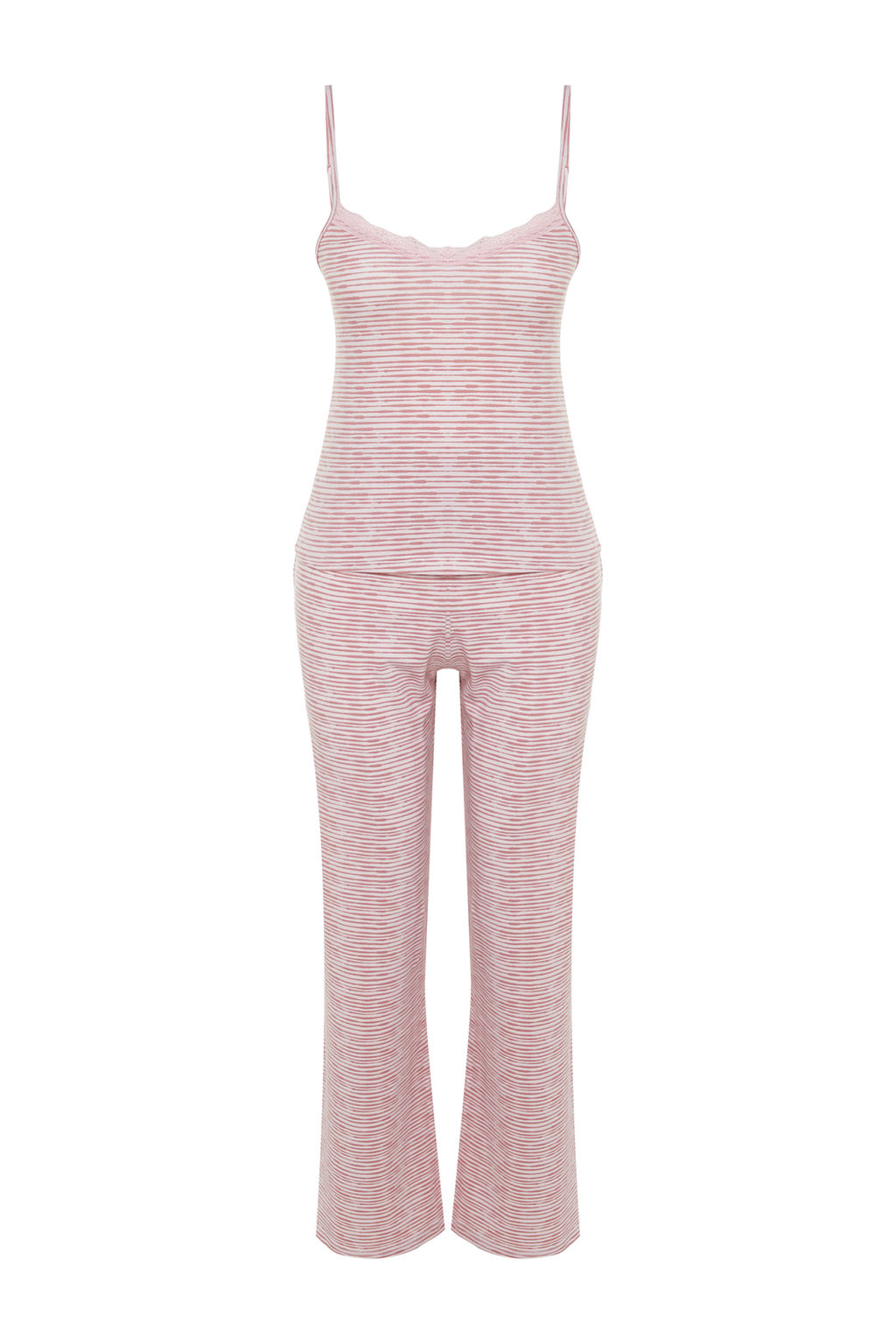 Trendyolmilla Pudra Pamuklu Cizgili Dantelli Ip Ask?l? Orme Pijama Tak?m? THMSS23PT00227 фото 7