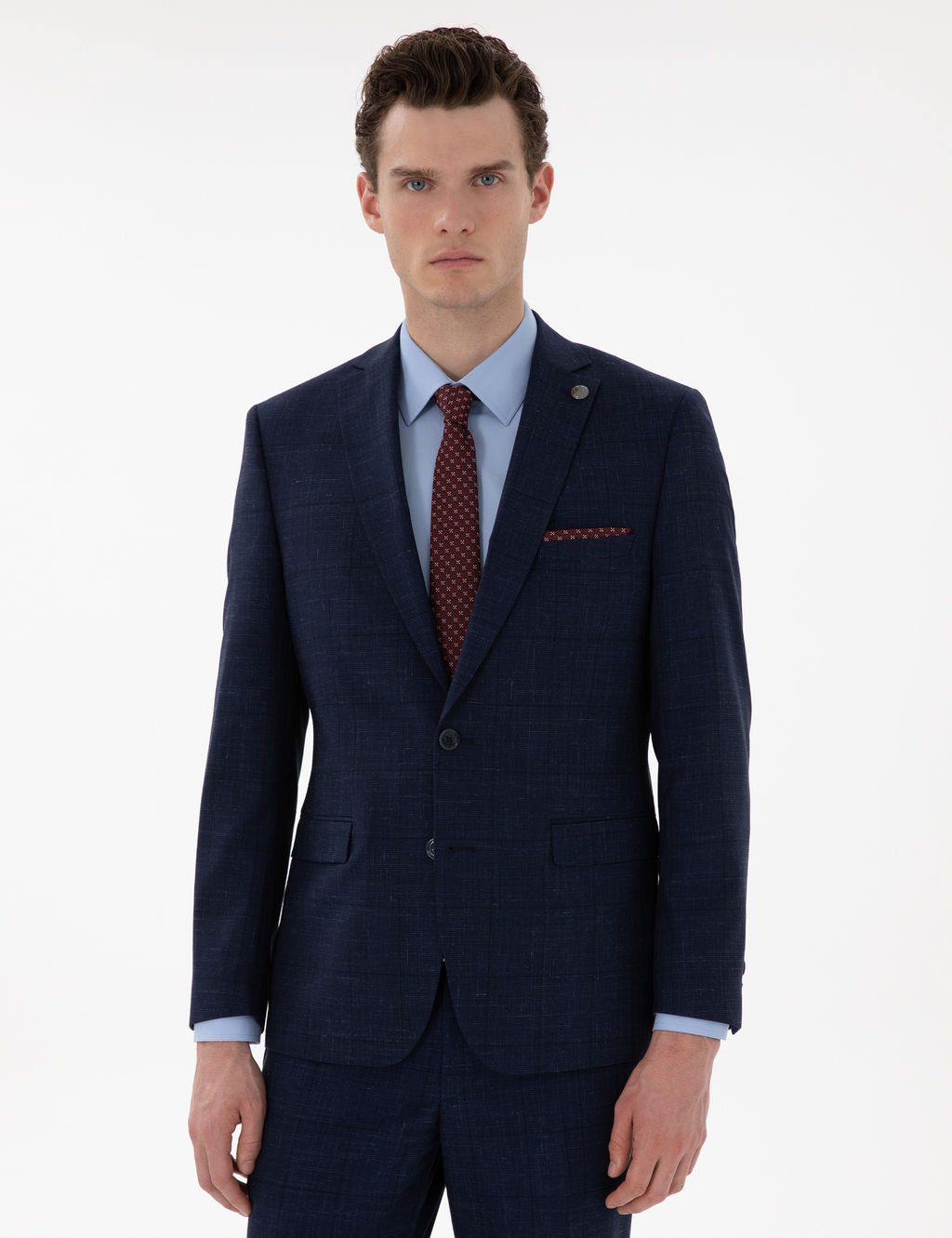 Lacivert Slim Fit Y_n Keten Kar___ml_ Tak_m Elbise