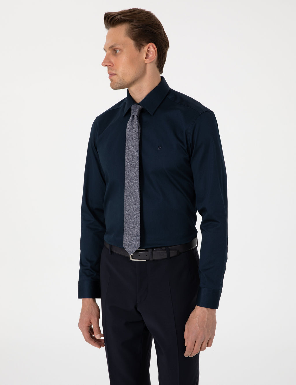 Lacivert %100 Pamuk Parlak Saten Slim Fit Uzun Kollu Basic G_mlek