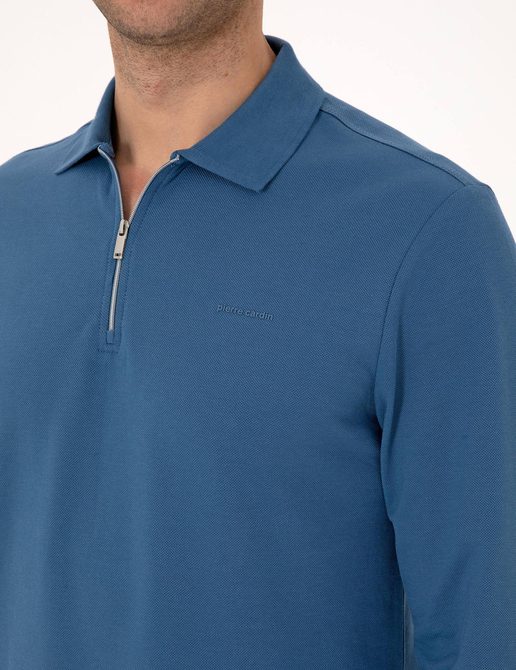 A__k Lacivert Slim Fit K_vr_lmaz Fermuarl_ Polo Yaka Basic Pike Sweatshirt