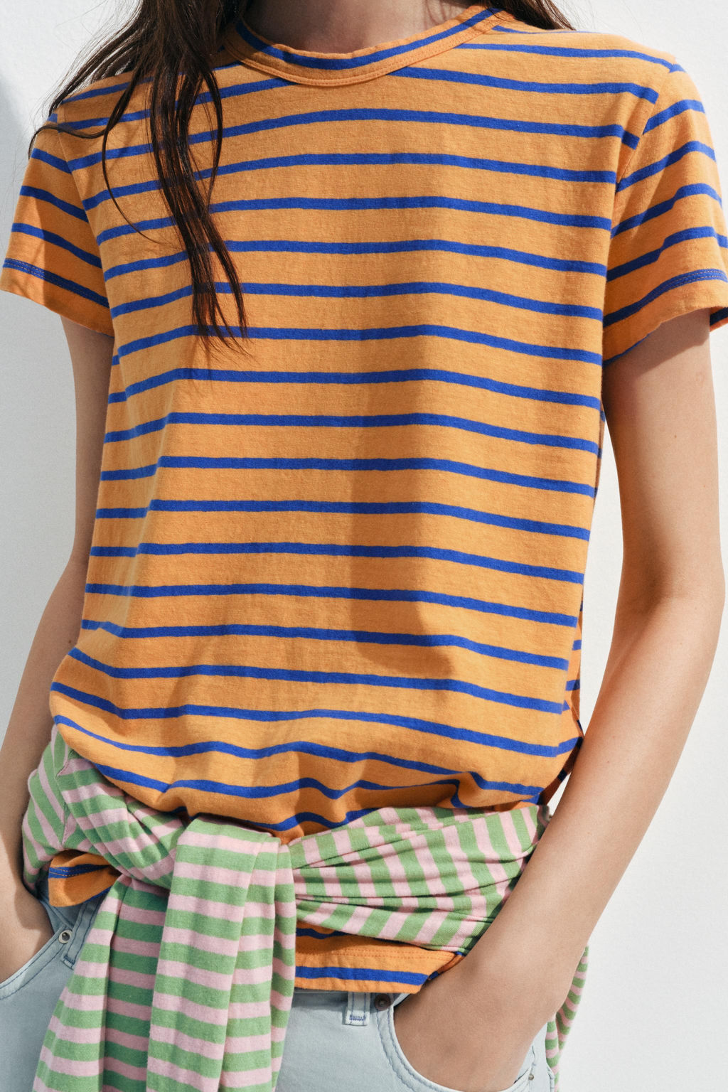 CAMISETA RAYAS ALGOD?N Y LINO / Naranja
