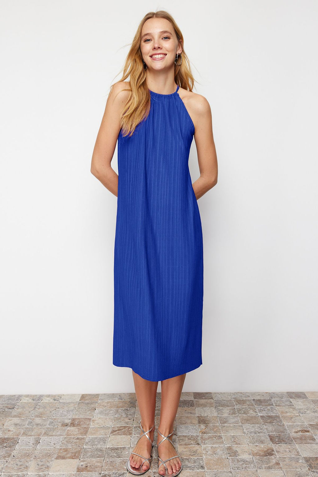 Saks Shift/Duz S?f?r Kol Midi Piliseli Orme Elbise TWOSS23EL00752