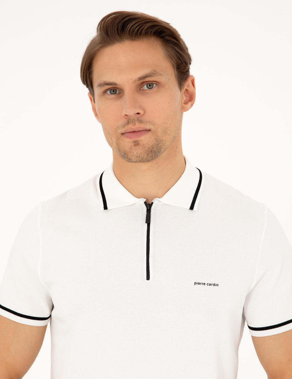 Ekru Slim Fit Fermuarl_ Polo Yaka Y_n Kar___ml_ Triko Ti__rt - Pierre cardin фото 2