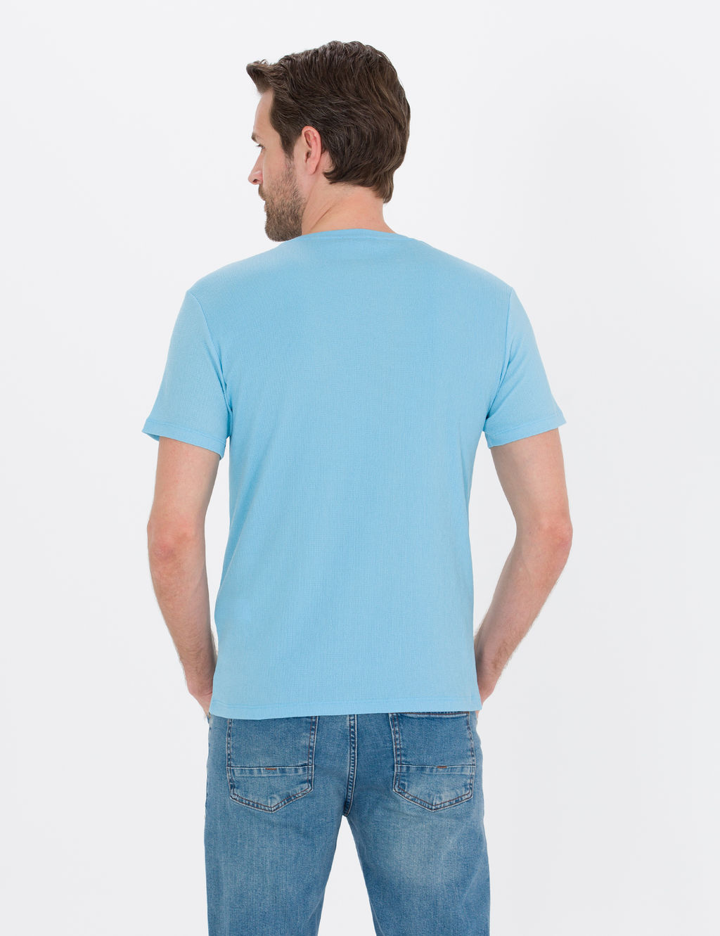 A__k Mavi Slim Fit Dokulu Bisiklet Yaka Ti__rt