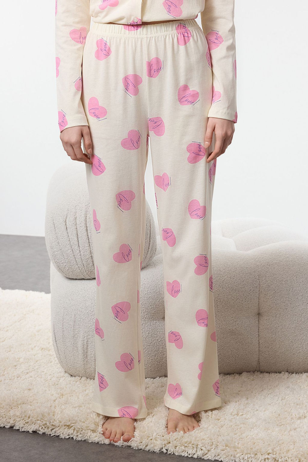 Ekru %100 Pamuklu Sloganl? Kalpli Orme Pijama Tak?m? THMAW25PT00098