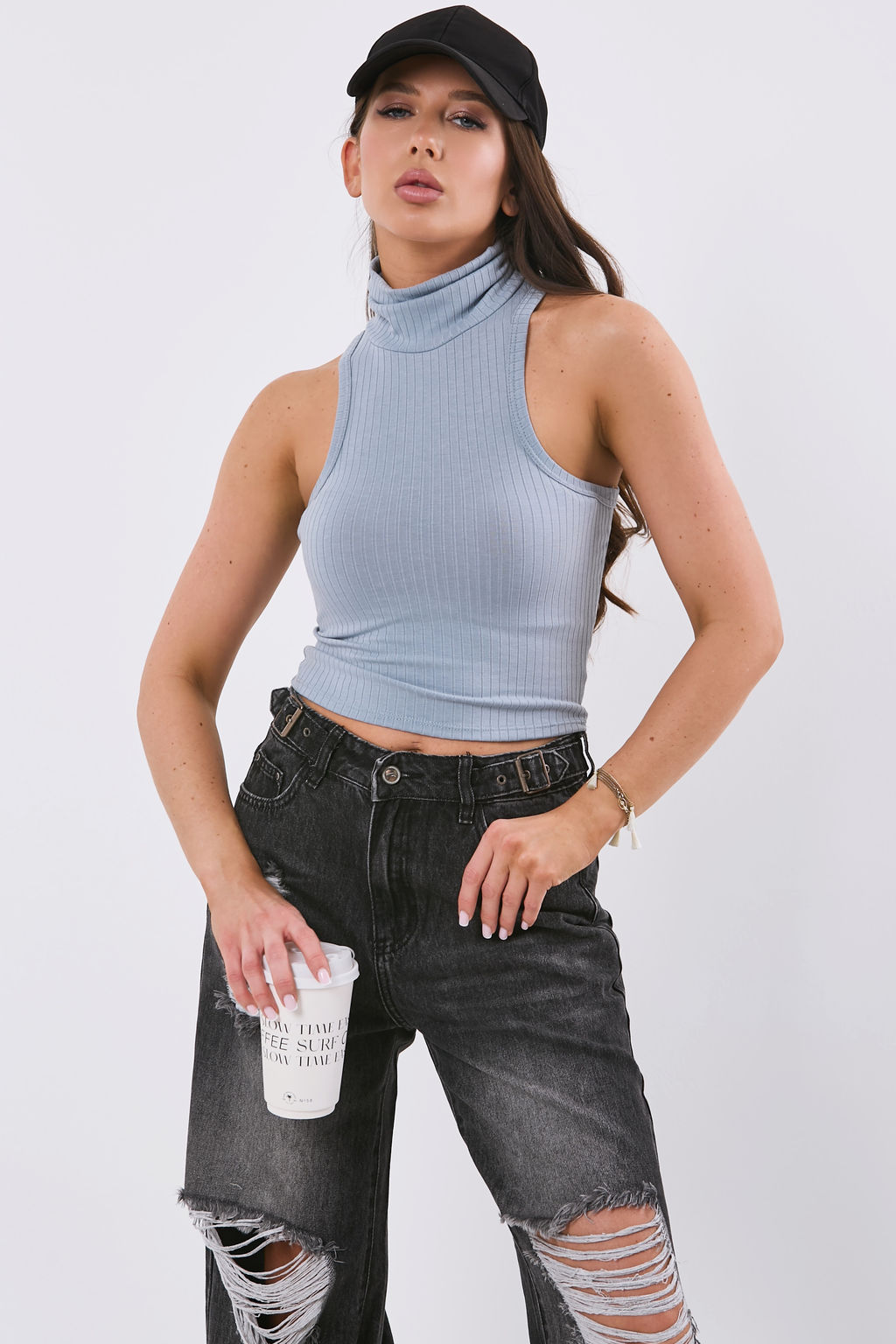 Топ из трикотажа с воротником стойка cеро-голубой