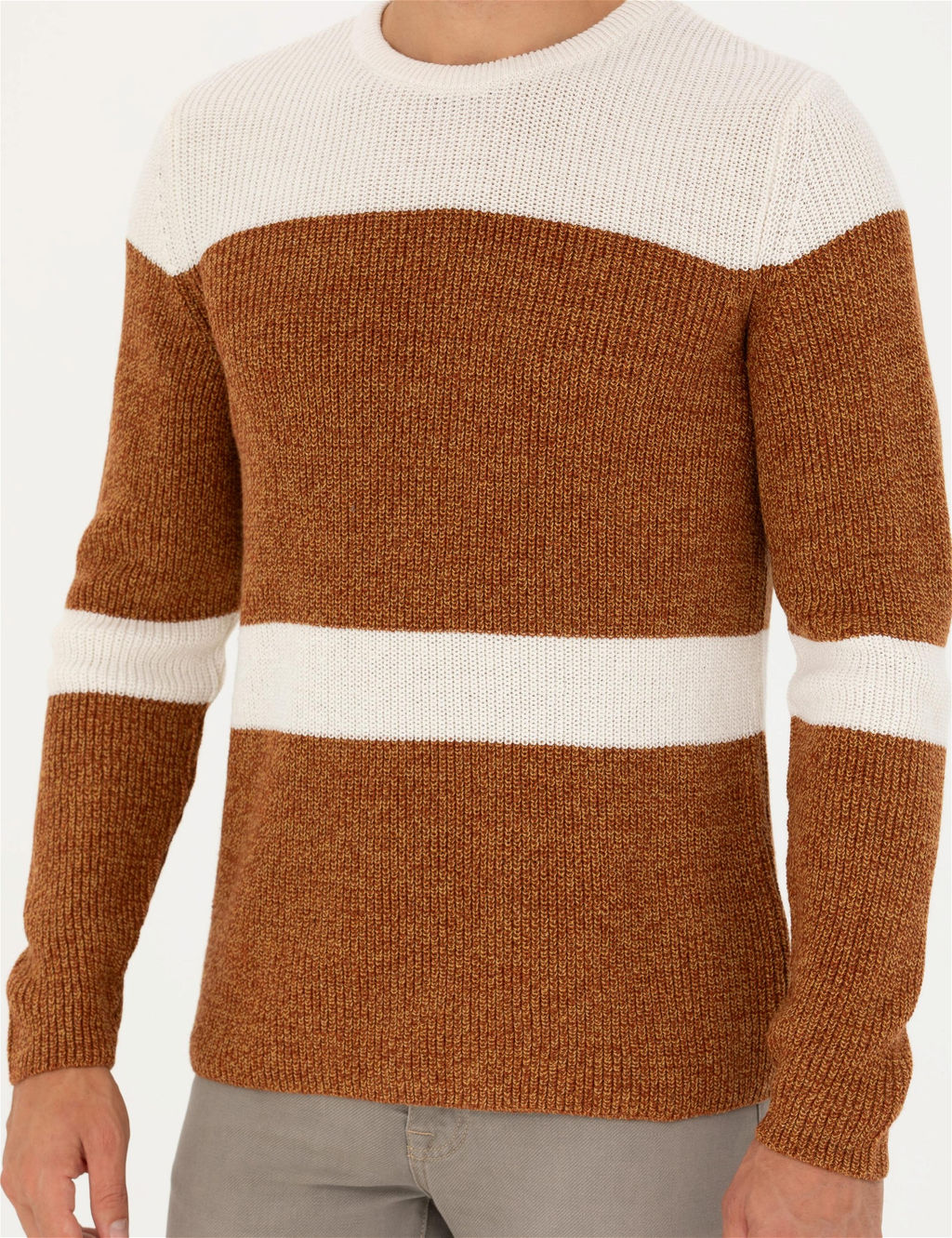 Bej Slim Fit Bisiklet Yaka Y_n Kar___ml_ Triko Kazak - Pierre cardin фото 7