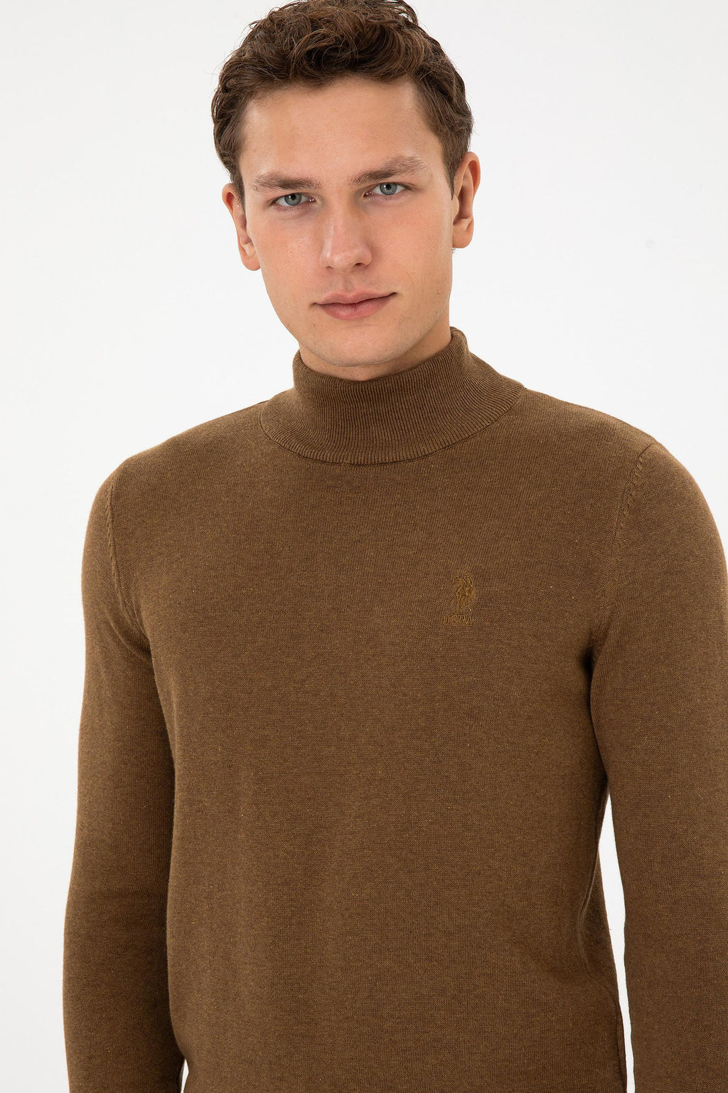Erkek Slim Fit Yar_m Bal_k__ Yaka Haki Melanj Basic Kazak - U.s. polo assn фото 2