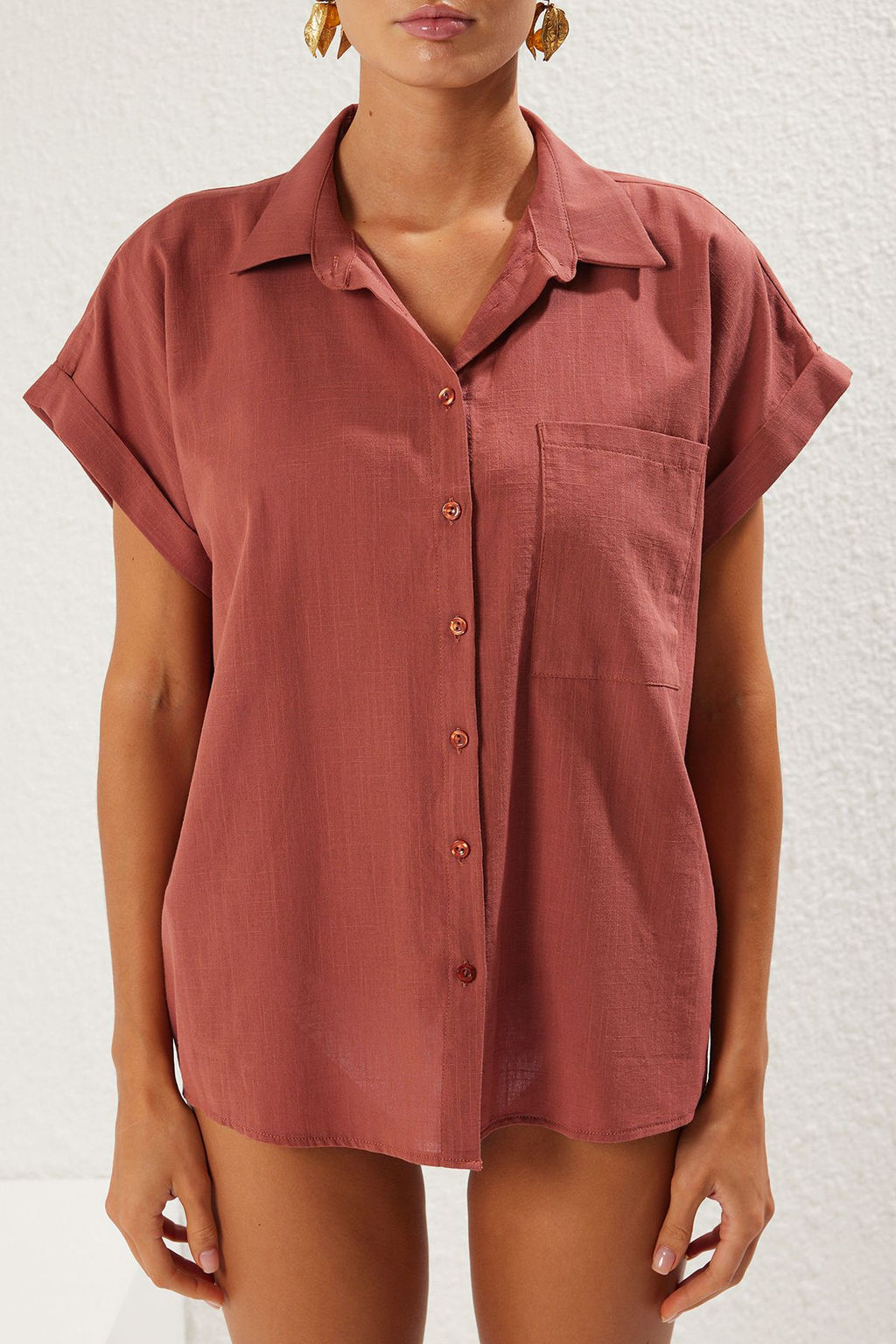 TRENDYOLMILLA Ekru Dokuma Flaml? Pamuk Plaj Gomlegi TBESS25GO00014  фото 8