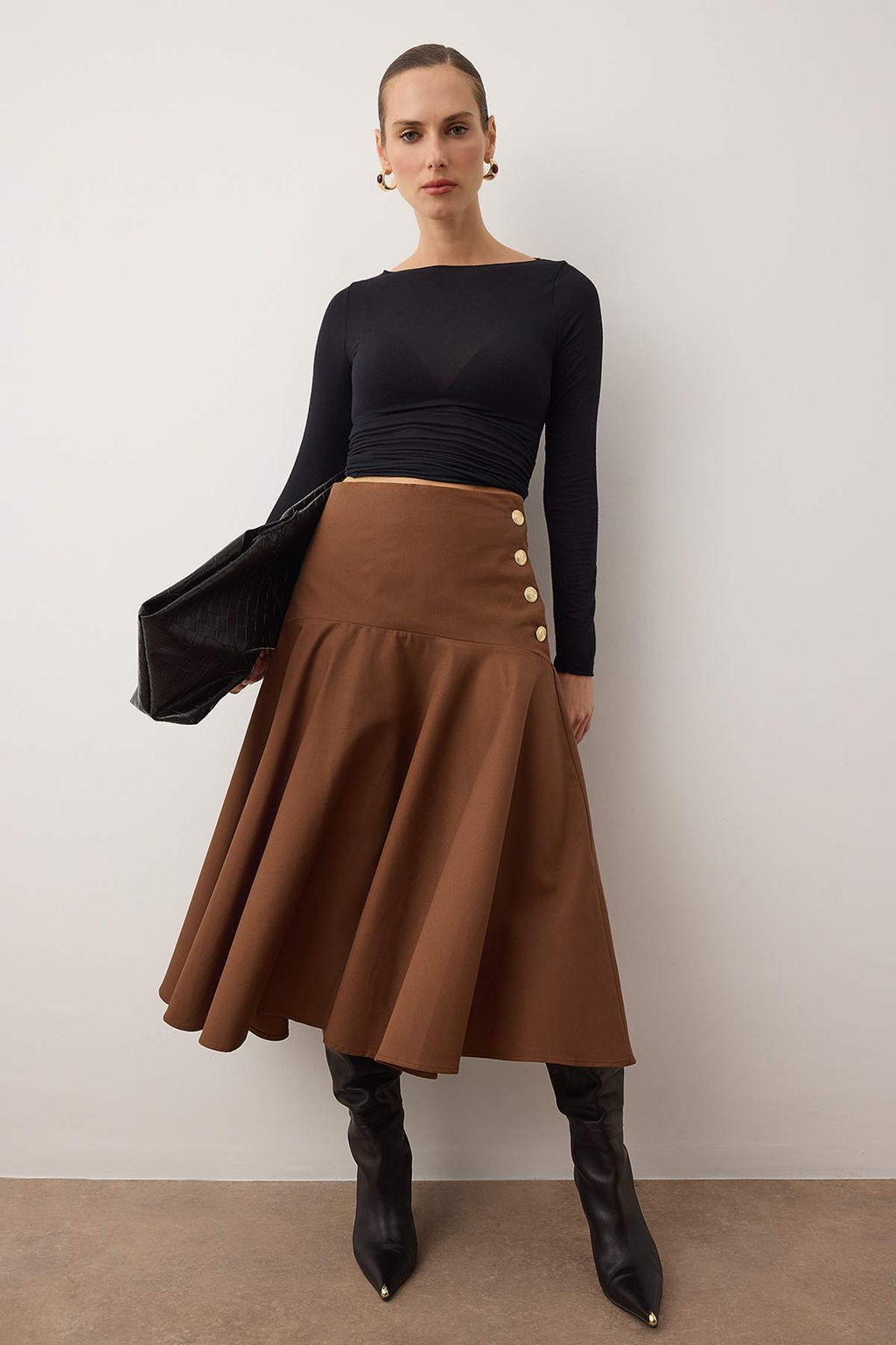 Koyu Kahverengi Dugme Detayl? Midi Boy Gabardin Pamuklu Klos Etek TWOAW26ET00033