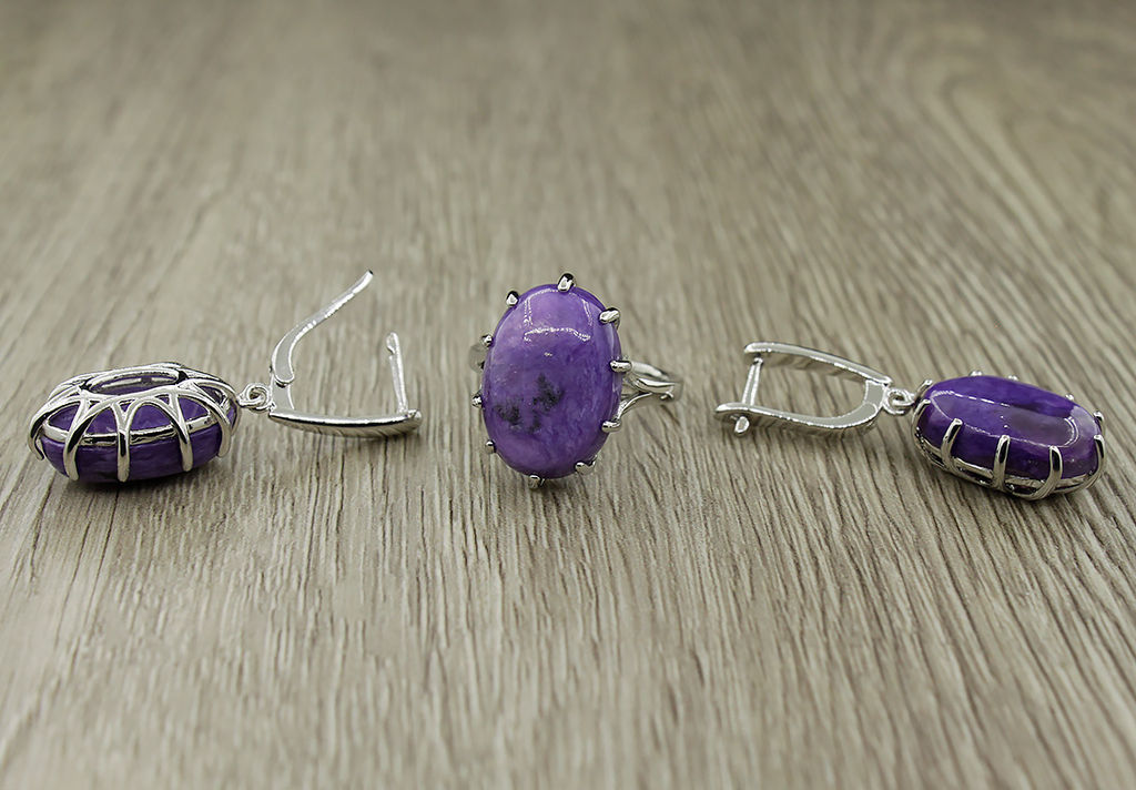 Комплект "Чара-1", чароит, покрытие родий, размеры кольца: 17, 18, 19, 20