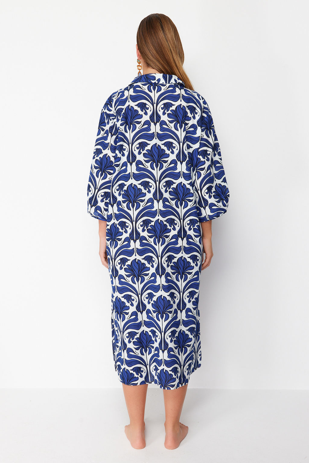 Etnik Desenli Genis Kal?p Dokuma %100 Pamuk Midi Plaj Elbisesi TBESS22EL0009