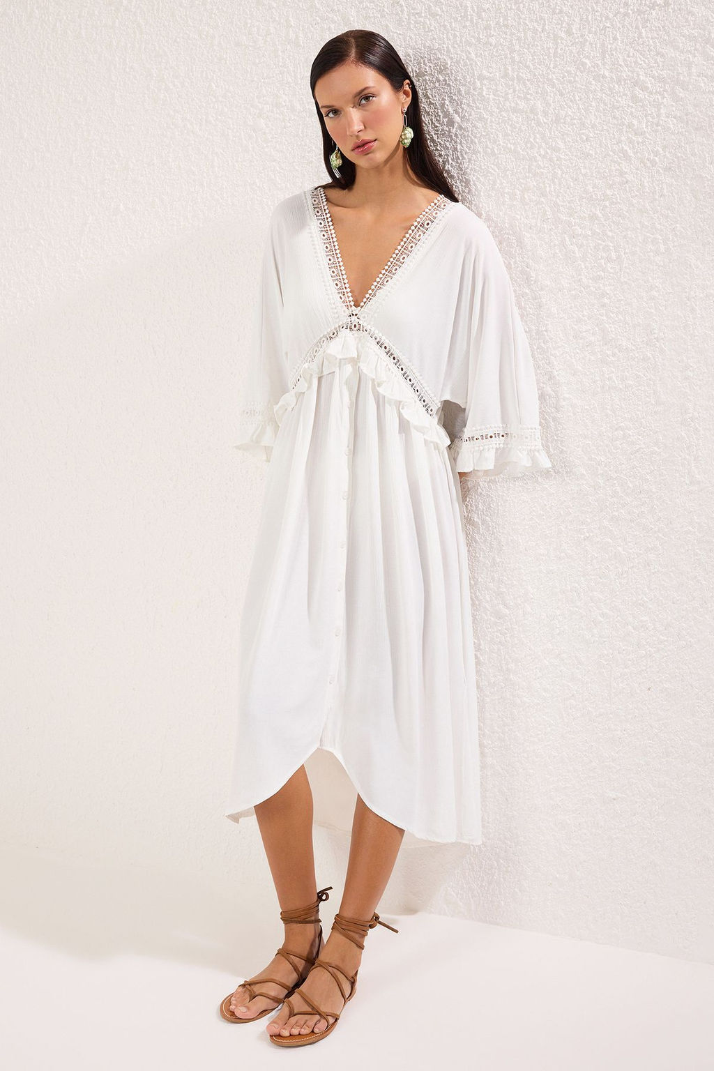 Trendyolmilla Ekru Maxi Dokuma Volanl? Plaj Elbisesi TBESS25EL00075 фото 3