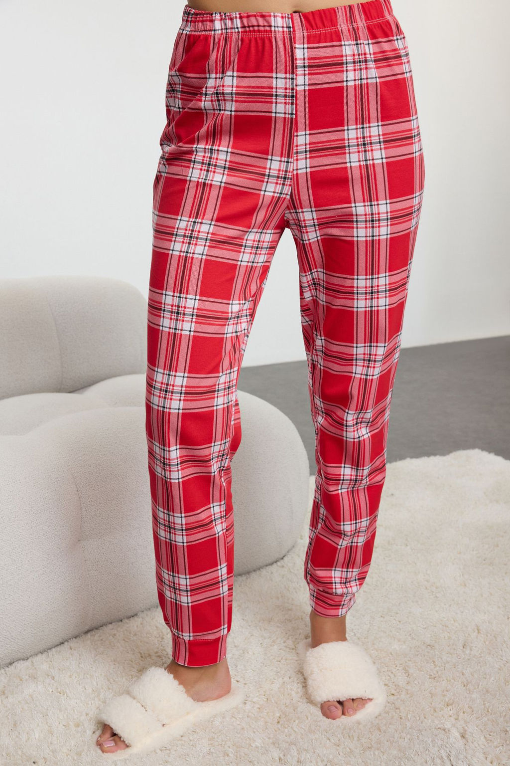 Trendyolmilla Beyaz-Cok Renkli %100 Pamuklu K?s Temal? Ekoseli Orme Pijama Tak?m? THMAW25PT00121  фото 5