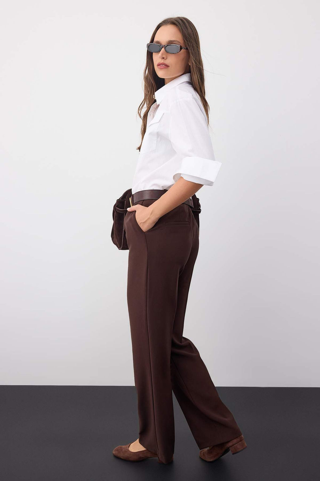 Wardrobe Essentials Koyu Kahverengi Icten Bel Ayarlamal? Genis Paca Pantolon | TWOAW26PL00028