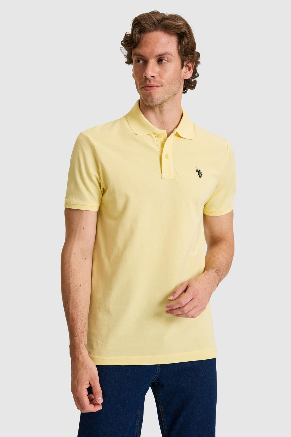 Erkek Slim Fit Polo Yaka A__k Sar_ Basic Ti__rt