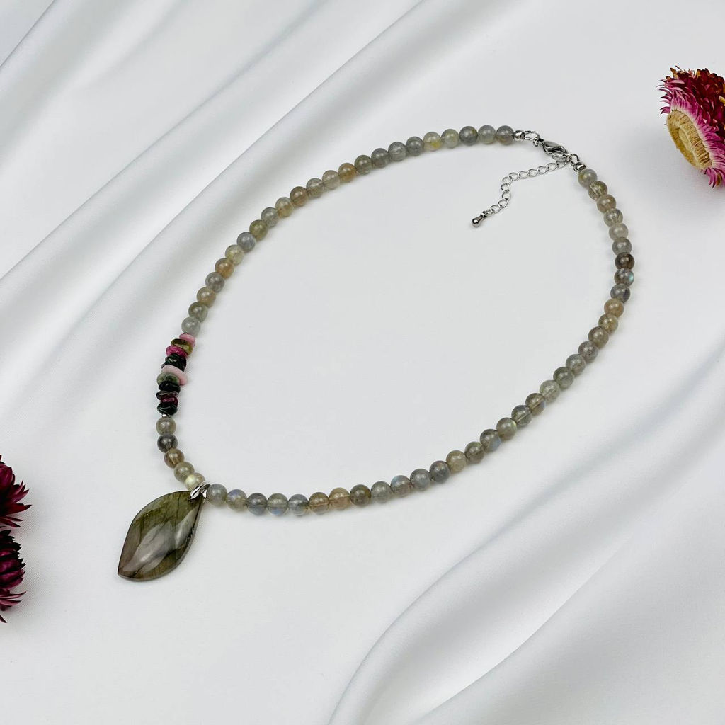 Бусы из Лабрадора и Турмалина микс с кулоном 43 см +