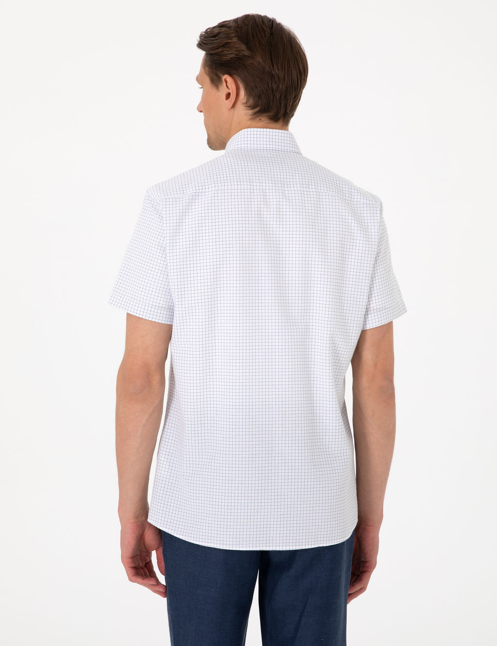 Lacivert Kareli Regular Fit K_sa Kollu G_mlek